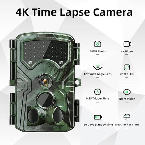 كاميرا QUNVAL 4K بفاصل زمني خارجي، شاشة LCD 2.4 بوصة بدقة 48 ميجابكسل ورؤية ليلية مقاومة للطقس لأمن البناء ونمو النباتات ومراقبة الطبيعة (بطاقة SD سعة 32 جيجابايت) in Kuwait