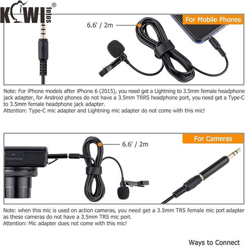 ميكروفون التلبيب متعدد الاتجاهات من KIWIFOTOS مع 3.5 مم TRRS إلى 3.5 مم TRS جاك محول TRS ، ميكروفون بمشبك لكاميرات الفيديو DSLR تكبير ومسجلات كاميرا فيديو يدوية (2 متر / 6.6 بوصة كابل توصيل) in Kuwait