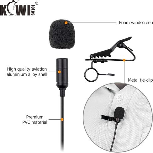 ميكروفون التلبيب متعدد الاتجاهات من KIWIFOTOS مع 3.5 مم TRRS إلى 3.5 مم TRS جاك محول TRS ، ميكروفون بمشبك لكاميرات الفيديو DSLR تكبير ومسجلات كاميرا فيديو يدوية (2 متر / 6.6 بوصة كابل توصيل) in Kuwait