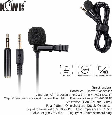 ميكروفون التلبيب متعدد الاتجاهات من KIWIFOTOS مع 3.5 مم TRRS إلى 3.5 مم TRS جاك محول TRS ، ميكروفون بمشبك لكاميرات الفيديو DSLR تكبير ومسجلات كاميرا فيديو يدوية (2 متر / 6.6 بوصة كابل توصيل) in Kuwait