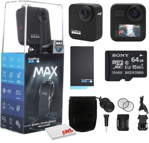 كاميرا الحركة Go Pro MAX 360 المقاومة للماء - كاميرا مع شاشة تعمل باللمس - فيديو كروي بدقة 5.6K30 HD - صور بدقة 16.6 ميجابكسل 360 - استقرار البث المباشر بدقة 1080 بكسل - مجموعة التنظيف + بطاقة ذاكرة سعة 64 جيجابايت والمزيد. in Saudi Arabia