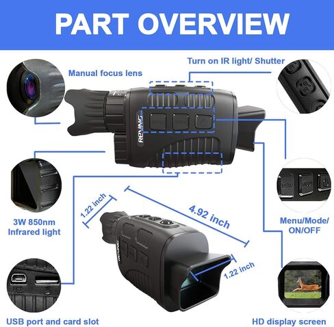 ريكسينج نظارات رؤية ليلية اساسية من بي 1 مع شاشة LCD 1.5 انش، كاميرا رقمية بالاشعة تحت الحمراء، مناظير مع صورة مزدوجة + تسجيل فيديو للصيد في الهواء الطلق والتخييم ومشاهدة الطيور والمراقبة in Kuwait