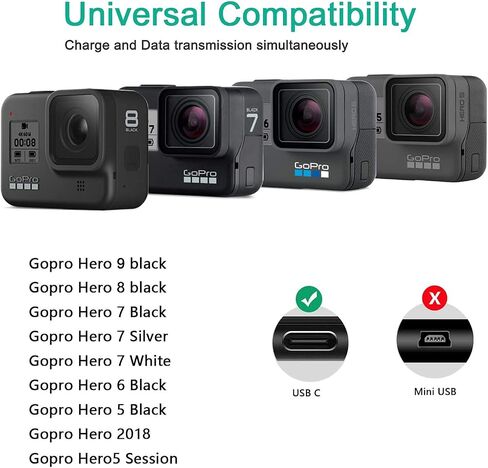 كابل شحن بديل من النوع C كابل نقل التاريخ متوافق مع Gopro Hero 9 Hero 8 Hero 7 Black Gopro Max Hero 7 Silver Hero 7 White Hero 6 Black Gopro Hero 5 Black Hero5 Session Hero 2018 in Saudi Arabia