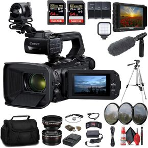 كاميرا فيديو XA70 UHD 4K30 من Canon مع تركيز تلقائي ثنائي البكسل (5736C002) + شاشة 4K + ميكروفون احترافي + بطاقة 2 × 64 جيجابايت + 2 × بطارية BP828 + شاحن BP820 + مجموعة مرشح + حامل ثلاثي القوائم احترافي + حقيبة + المزيد (متجددة) in Kuwait