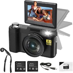 كاميرا رقمية بدقة 4K 48MP مع ضبط تلقائي للصورة بدقة FHD عالية الدقة لليوتيوب، كاميرا صغيرة الحجم للمبتدئين والمراهقين للتصوير الفوتوغرافي مع بطاريتين قابلتين لاعادة الشحن in Kuwait