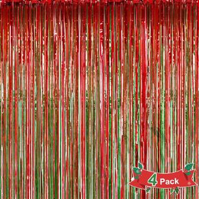 Konsait 4 Pack Foil Fringe Curtains Christmas Photo Backdrop, Red and Green Metallic Shimmer Curtain Photo Props Background for Birthday Celebrations Christmas Party Decorations in Kuwait