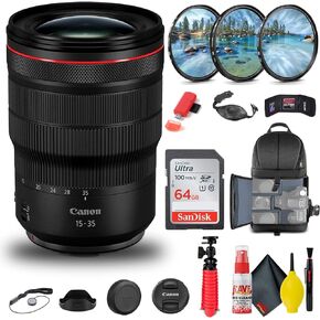 Canon RF 15-35mm f/2.8L هي عدسة USM (3682C002) + طقم فلتر + حقيبة ظهر + بطاقة سعة 64 جيجابايت + قارئ بطاقات + حامل ثلاثي مرن + محفظة ذاكرة + حافظة للأغطية + طقم تنظيف + حزام يد + المزيد (متجدد) in Kuwait