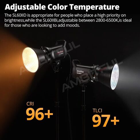 غودوكس مصباح فيديو SL60II-Bi SL-60W CRI 96+ مطور TLCI 97+، ضوء فيديو LED ثنائي اللون ضوء نهاري مستمر 2800-6500 كلفن بحد اقصى 75 واط بوينز ماونت مع تحكم عن طريق التطبيق الجديد مع 11-FX + جهاز تحكم عن in Kuwait