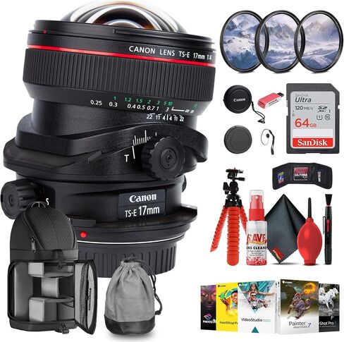 عدسة Canon TS-E مقاس 17 مم f/4L قابلة للإمالة مع بطاقة Extreme Pro سعة 64 جيجابايت + برنامج Corel للصور + محفظة بطاقات مرنة ثلاثية القوائم + حقيبة ظهر + طقم تنظيف + قارئ بطاقات + حافظة للغطاء (متجددة) in Saudi Arabia