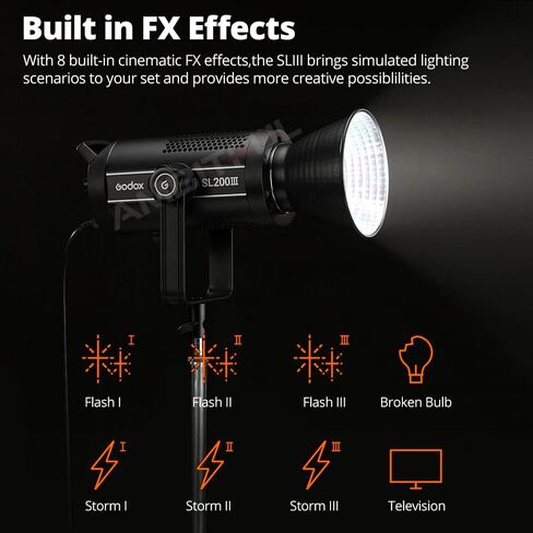 Godox SL200WIII,SL200W III SL-200WIII 215W Bowens Mount CRI 96 TLCI 97 Daylight Balanced Led Video Light,95600lux@1m（Standard Reflective） with 8 Pre-Programmed Lighting Effects Support APP Control in Saudi Arabia