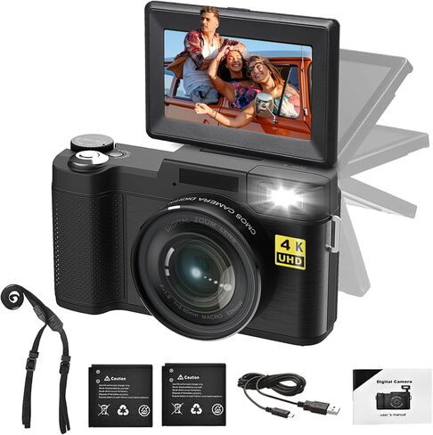 كاميرا رقمية بدقة 4K 48MP مع ضبط تلقائي للصورة بدقة FHD عالية الدقة لليوتيوب، كاميرا صغيرة الحجم للمبتدئين والمراهقين للتصوير الفوتوغرافي مع بطاريتين قابلتين لاعادة الشحن in Kuwait
