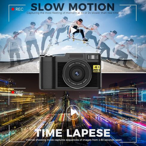 كاميرا رقمية بدقة 4K 48MP مع ضبط تلقائي للصورة بدقة FHD عالية الدقة لليوتيوب، كاميرا صغيرة الحجم للمبتدئين والمراهقين للتصوير الفوتوغرافي مع بطاريتين قابلتين لاعادة الشحن in Kuwait