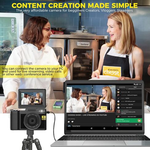 كاميرا رقمية بدقة 4K 48MP مع ضبط تلقائي للصورة بدقة FHD عالية الدقة لليوتيوب، كاميرا صغيرة الحجم للمبتدئين والمراهقين للتصوير الفوتوغرافي مع بطاريتين قابلتين لاعادة الشحن in Kuwait