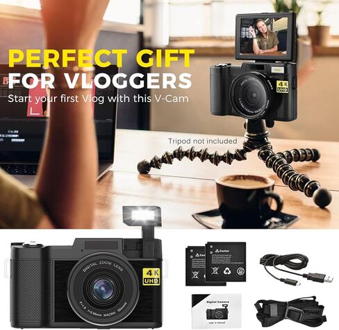 كاميرا رقمية بدقة 4K 48MP مع ضبط تلقائي للصورة بدقة FHD عالية الدقة لليوتيوب، كاميرا صغيرة الحجم للمبتدئين والمراهقين للتصوير الفوتوغرافي مع بطاريتين قابلتين لاعادة الشحن in Kuwait