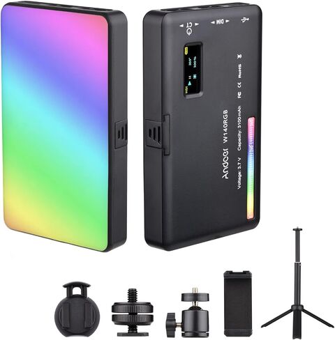 Andoer W140 RGB LED Video Light Kit Pocket Video Conference Lighting CRI95+ 2500K-9000K Dimmable 20 Lighting Effects with Desktop Tripod Ballhead Phone Holder Computer Clip Cold Shoe Adapter in Saudi Arabia