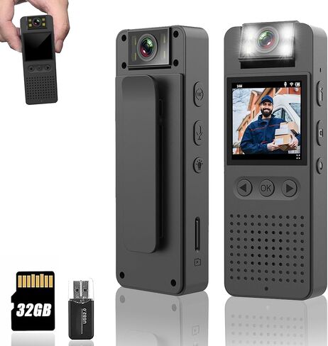 كاميرا الجسم مع تسجيل 1080 بكسل، شاشة 1.4 بوصة ومسجل عدسة دوارة 180 درجة، بطاقة مدمجة سعة 32 جيجابايت، وضع المصباح اليدوي، عمر بطارية 7 ساعات، كاميرا شرطة يمكن ارتداؤها للمنزل/الخارج/إنفاذ القانون/حارس الأمن in Kuwait