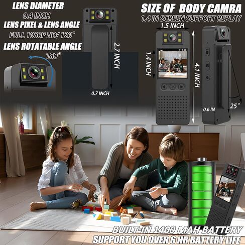 كاميرا الجسم مع تسجيل 1080 بكسل، شاشة 1.4 بوصة ومسجل عدسة دوارة 180 درجة، بطاقة مدمجة سعة 32 جيجابايت، وضع المصباح اليدوي، عمر بطارية 7 ساعات، كاميرا شرطة يمكن ارتداؤها للمنزل/الخارج/إنفاذ القانون/حارس الأمن in Kuwait