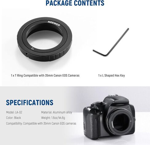 حلقة T من NEEWER مع خيوط M42 متوافقة مع كاميرات Canon EOS والتلسكوبات مقاس 35 مم، حلقة محول العدسة لـ EOS-1V 1N 5D Mark IV 6D Mark II 80D 70D 800D 750D 300 Rebel GII إلخ، LA-02 in Saudi Arabia