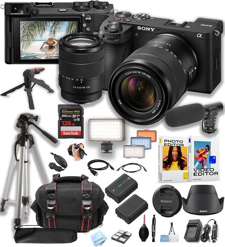 كاميرا Sony a6700 بدون مرآة مع عدسة 18-135 مم + ذاكرة Pro Speed ​​سعة 128 جيجابايت + ضوء فيديو LED + ميكروفون + حافظة + حامل ثلاثي + حزمة برامج-حزمة فيديو احترافية (متجددة) in Saudi Arabia