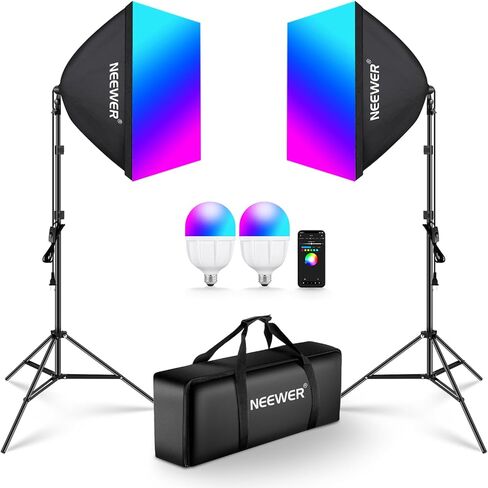 NEEWER RGB Softbox Lighting Kit with App Control & 9 Effect Modes, 2 Pack 26W FCC/IC/UL Certified LED Bulbs CRI93+ TLCI98+, E26 Porcelain Sockets, 24" Softboxes, for Studio Photography Lighting, NK800 in Kuwait