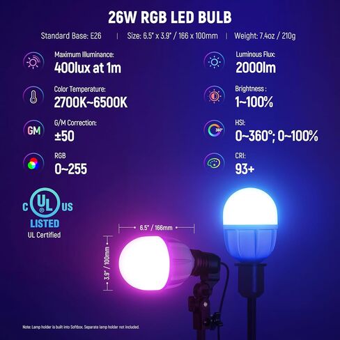 NEEWER RGB Softbox Lighting Kit with App Control & 9 Effect Modes, 2 Pack 26W FCC/IC/UL Certified LED Bulbs CRI93+ TLCI98+, E26 Porcelain Sockets, 24" Softboxes, for Studio Photography Lighting, NK800 in Kuwait
