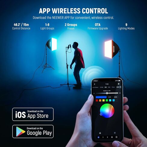 NEEWER RGB Softbox Lighting Kit with App Control & 9 Effect Modes, 2 Pack 26W FCC/IC/UL Certified LED Bulbs CRI93+ TLCI98+, E26 Porcelain Sockets, 24" Softboxes, for Studio Photography Lighting, NK800 in Kuwait