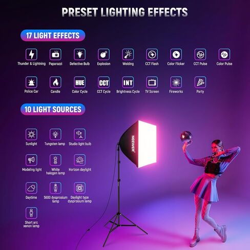 NEEWER RGB Softbox Lighting Kit with App Control & 9 Effect Modes, 2 Pack 26W FCC/IC/UL Certified LED Bulbs CRI93+ TLCI98+, E26 Porcelain Sockets, 24" Softboxes, for Studio Photography Lighting, NK800 in Kuwait