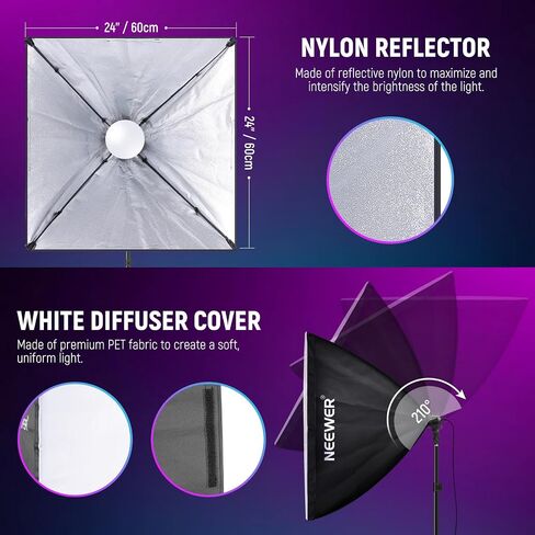 NEEWER RGB Softbox Lighting Kit with App Control & 9 Effect Modes, 2 Pack 26W FCC/IC/UL Certified LED Bulbs CRI93+ TLCI98+, E26 Porcelain Sockets, 24" Softboxes, for Studio Photography Lighting, NK800 in Kuwait