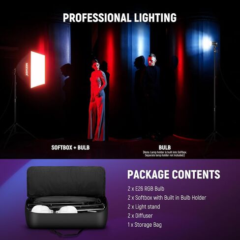 NEEWER RGB Softbox Lighting Kit with App Control & 9 Effect Modes, 2 Pack 26W FCC/IC/UL Certified LED Bulbs CRI93+ TLCI98+, E26 Porcelain Sockets, 24" Softboxes, for Studio Photography Lighting, NK800 in Kuwait