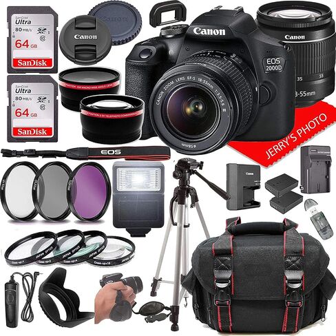 Canon EOS 2000D (Rebel T7) DSLR Camera w/Canon EF-S 18-55mm F/3.5-5.6 Zoom Lens + Case + 128GB Memory (28pc Bundle) (Renewed) Black in Saudi Arabia