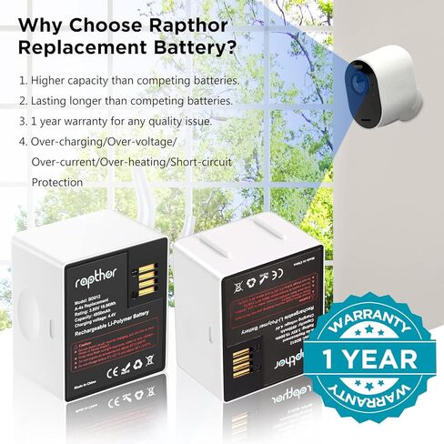 بطاريات بديلة مطورة من Rapthor بقدرة 4950 مللي أمبير في الساعة، متوافقة مع كاميرات Arlo Pro 4 / Pro 3 /Ultra/Ultra 2 / Pro 5S 2K، عبوتان 3.85 فولت 19.06 وات في الساعة عمر بطارية طويل الأمد قابل لإعادة الشحن وسهل التركيب in Kuwait