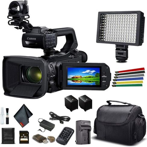 كاميرا الفيديو Canon XA55 Professional UHD 4K (3668C002) مع بطارية إضافية، وحقيبة ناعمة، وبطاقة ذاكرة سعة 64 جيجابايت، وإضاءة LED، وحزمة أساسية إضافية (متجددة) in Kuwait