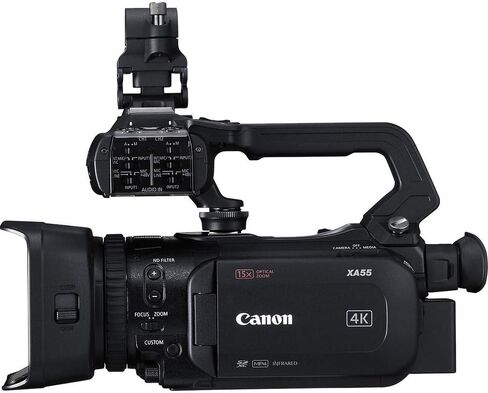 كاميرا الفيديو Canon XA55 Professional UHD 4K (3668C002) مع بطارية إضافية، وحقيبة ناعمة، وبطاقة ذاكرة سعة 64 جيجابايت، وإضاءة LED، وحزمة أساسية إضافية (متجددة) in Kuwait