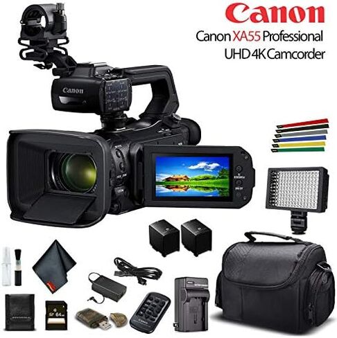 كاميرا الفيديو Canon XA55 Professional UHD 4K (3668C002) مع بطارية إضافية، وحقيبة ناعمة، وبطاقة ذاكرة سعة 64 جيجابايت، وإضاءة LED، وحزمة أساسية إضافية (متجددة) in Kuwait