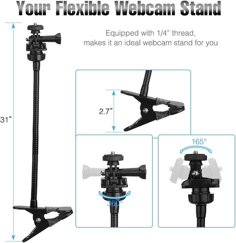 Webcam-Stand-Mount Phone Camera Desk-Clamp-Holder - 27 Inch Flexible Gooseneck Arm Mount Stand for Phone Gopro Hero Webcam C922 C930 C930e C920 Brio 4K C615 C922x C925e C920s C270 C310 in Saudi Arabia