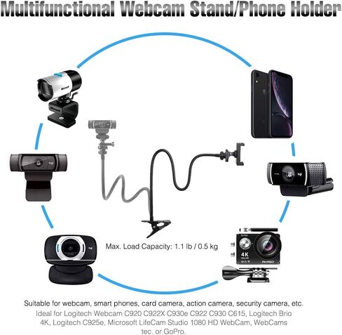 Webcam-Stand-Mount Phone Camera Desk-Clamp-Holder - 27 Inch Flexible Gooseneck Arm Mount Stand for Phone Gopro Hero Webcam C922 C930 C930e C920 Brio 4K C615 C922x C925e C920s C270 C310 in Saudi Arabia