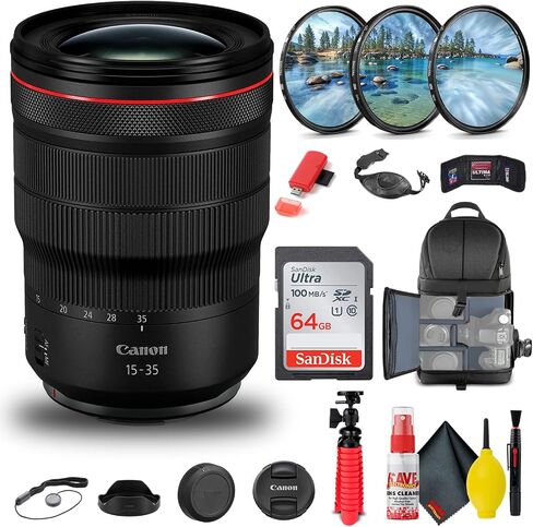Canon RF 15-35mm f/2.8L هي عدسة USM (3682C002) + طقم فلتر + حقيبة ظهر + بطاقة سعة 64 جيجابايت + قارئ بطاقات + حامل ثلاثي مرن + محفظة ذاكرة + حافظة للأغطية + طقم تنظيف + حزام يد + المزيد (متجدد) in Kuwait