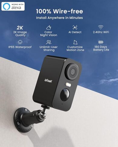 كاميرات مراقبة لاسلكية في الهواء الطلق من ieGeek، كاميرا أمان WiFi تعمل بالبطارية 2K 3MP، عبوتان مع أضواء كاشفة وإنذار صفارات الإنذار، صوت ثنائي الاتجاه، رؤية ليلية ملونة، متوافقة مع Alexa in Kuwait