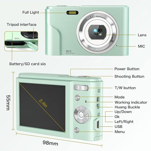 كاميرا رقمية للأطفال الأولاد والبنات - كاميرا أطفال بدقة 36 ميجابكسل مع بطاقة SD سعة 32 جيجابايت، كاميرا إلكترونية صغيرة قابلة لإعادة الشحن بدقة 1080 بكسل عالية الدقة للطلاب والمراهقين والأطفال (أخضر) in Kuwait