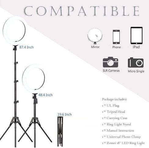 ZOMEI 18 بوصة LED ضوء حلقة خافت مع حامل، فلتر ألوان دافئ للتصوير الفوتوغرافي في الاستوديو، مكياج التجميل، بث مباشر، فيديو يوتيوب، متوافق مع الهاتف الذكي والكاميرا in Kuwait