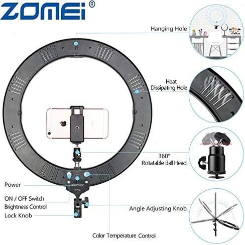 ZOMEI 18 بوصة LED ضوء حلقة خافت مع حامل، فلتر ألوان دافئ للتصوير الفوتوغرافي في الاستوديو، مكياج التجميل، بث مباشر، فيديو يوتيوب، متوافق مع الهاتف الذكي والكاميرا in Kuwait