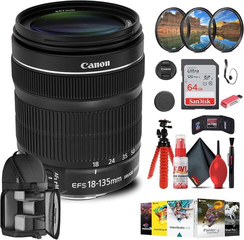 Canon EF-S 18-135mm f/3.5-5.6 is STM Lens with 64GB Extreme Pro Card + Corel Photo Software + Flexible Tripod + Filter kit + Card Wallet + Backpack + Cleaning Kit + Card Reader + Cap Keeper (Renewed) in Saudi Arabia
