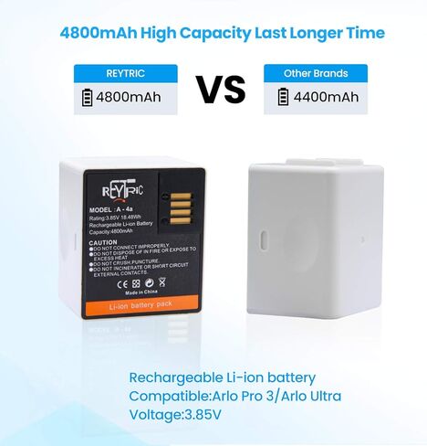 REYTRIC 4 عبوات من البطاريات القابلة لإعادة الشحن وشاحن LCD مزدوج VMA5400 متوافق مع كاميرا Arlo Ultra وUltra 2 وArlo Pro 3 وPro 4 VMC4040P 3.85V 4800mAh 18.48Wh A-4a in Kuwait