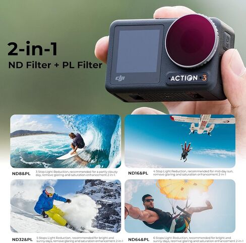 K&F Concept Osmo Action 3 ND/PL Filters Kit-4 Pack, ND8&PL ND16&PL ND32&PL ND64&PL Circular Polarizing & Neutral Density Effect 2-in-1 Filter Compatible with DJI Osmo Action 3 in Saudi Arabia