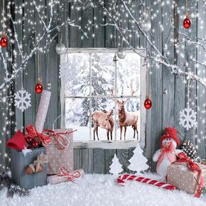 5x3ft Winter Christmas Backdrop Window Photography Wood Wall Background Holiday Deer Gifts Snowman Snowflake Party Decoration Snow Floor for Kids Family Photo Banner Booth Props