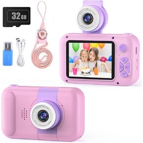 PURULU Kids Camera with Flip-up Lens for Selfie & Video, HD Digital Camera with 32GB SD Card, Ideal for 3-8 Years Old Girls Boys on Birthday Christmas Party as Gift in Saudi Arabia