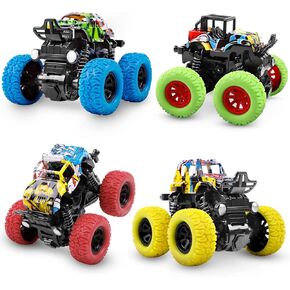 M SANMERSEN Monster Trucks for Boys, 4 Pack Push and Go Friction Powered Cars Vehicles Toys, 360° Rotating Stunt Car Boys Girls Birthday Christmas Party Gifts