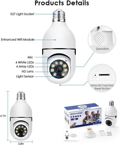 كاميرا Eversecu 1080P 2.0MP لاسلكية لمصباح الإضاءة PTZ مع موصل E27، تتبع الحركة التلقائي، صوت ثنائي الاتجاه، رؤية ليلية، تطبيق Tuya Smart Life App WiFi IP PTZ CCTV (عبوتان) in Saudi Arabia