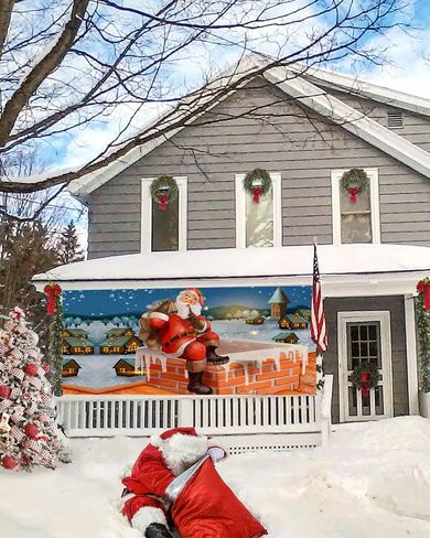 عيد الميلاد باب المرآب راية غطاء 7 × 8 قدم، عيد الميلاد سانتا كلوز مع الهدايا قرية الثلج عيد الميلاد باب المرآب الزينة عطلة عيد الميلاد خلفية ديكور لفصل الشتاء السنة الجديدة حفلة عيد الميلاد in Kuwait