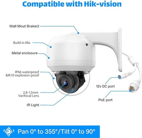 متوافق مع كاميرا Hikvision 4K PTZ 8MP بالألوان الكاملة PoE IP، عدسة تكبير بصري 5X 2.7~13.5 مم، اكتشاف الإنسان/المركبة بالذكاء الاصطناعي، رؤية ليلية ملونة بأضواء كاشفة بطول 98 قدمًا، صوت ثنائي الاتجاه، SD(512 جيجابايت)، IP67(2386IRC PTZ) in Kuwait